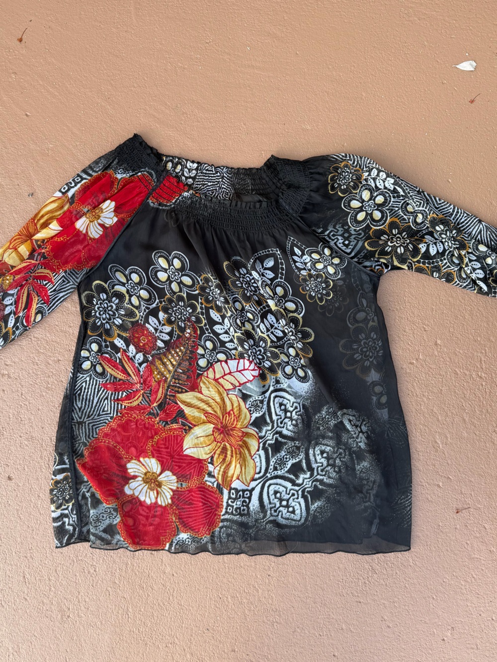 Black Floral Off-Shoulder Blouse with Red & Gold Floral Print